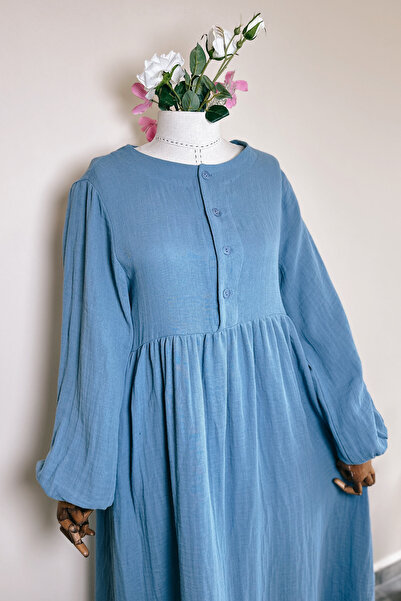 ButikMoor Mo174 Muslin Fabric Turquoise Women's Dress