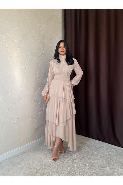 Afiş Butik Φόρεμα με πλισέ μπεζ σιφόν με τούλι μανίκια