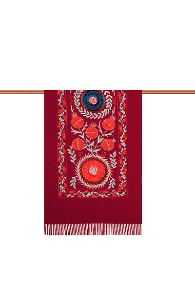 Bursa İpek Burgundy Embroidered Winter Shawl