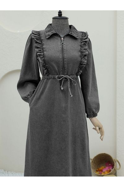 Modamorfo Half Zipper Tunnel Lace-Up Denim Dress -Anthracite