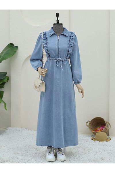 Modamorfo Ice Blue Denim Dress - Half Zip and Tunnel Lace