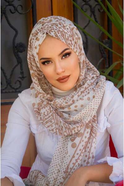 Aişe tesettür Έτοιμο σάλι από σιφόν με λευκές κουκκίδες βιζόν - 50600