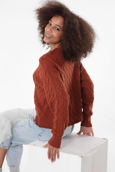 Figo Crew Neck Braided Women's Sweater
