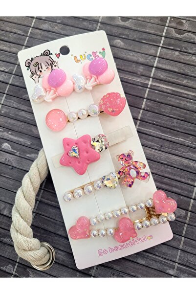 GÜLPEŞE BALON İNCİ KALP TAŞLI ÇİLEK DETAYLI 5 Lİ TOKA SETİ-31488