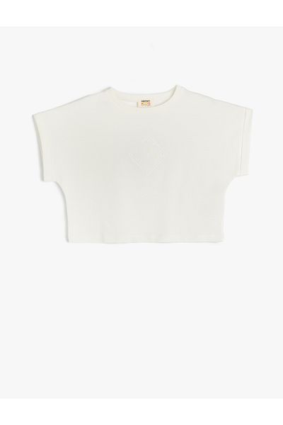 Koton Cotton Short Sleeve T-Shirt - Butterfly Embroidered, Crew Neck