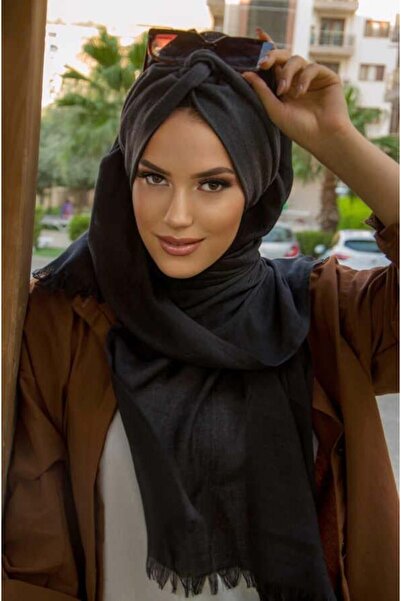 Aişe tesettür Μαύρο Μαλλιαρό Γκρι Στριφτό Σάλι Έτοιμο για Χρήση