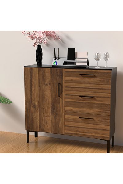 Mahmayi Wooden Chest Drawer with 3 Drawers and 1 Door Shelf Cabinet-Dark Hunton Oak and Black