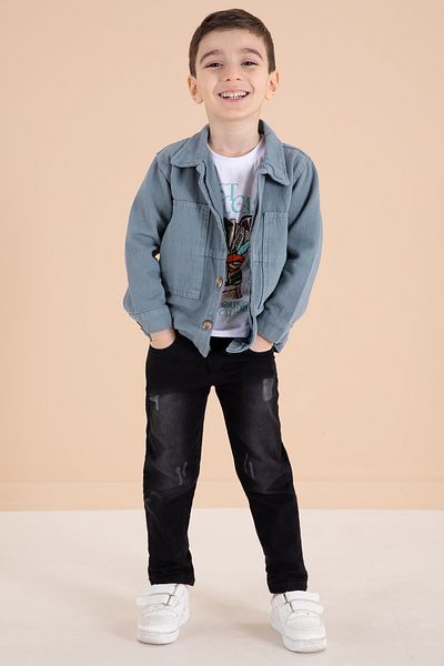 Cansın Mini Boy's Blue Jean Jacket Trousers 3-Piece Set - 20015