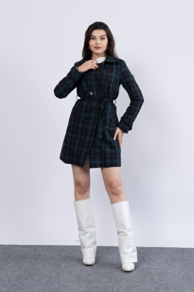 MissVina Plaid Pattern Waist Belted Trenc Coat 2576