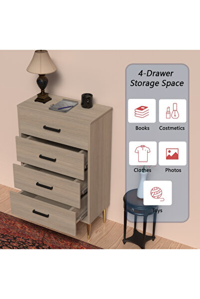 Mahmayi Wooden Chest Drawer with 4 Drawers Cabinet for Living Room-Beige Grey Lorenzo Oak