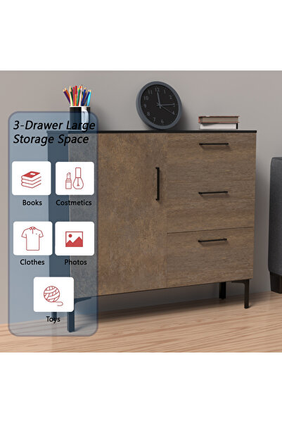 Mahmayi Wooden Chest Drawer with 3 Drawers and 1 Door Shelf Cabinet-Ferro Bronze MFC and Black