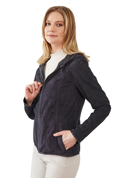 Deriderim Navy Blue Hedvige Women's Zippered Unlined Hooded Light Double Sided Genuine Suede Jacket