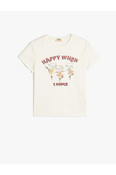 Koton Bedrucktes Ecru-T-Shirt für Mädchen 5SKG10023AK