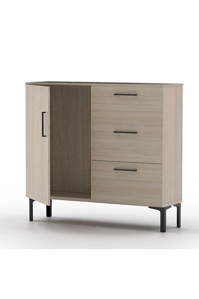 Mahmayi Wooden Chest Drawer with 3 Drawers and 1 Door Storage Shelf Cabinet-Beige Grey Lorenzo Oak
