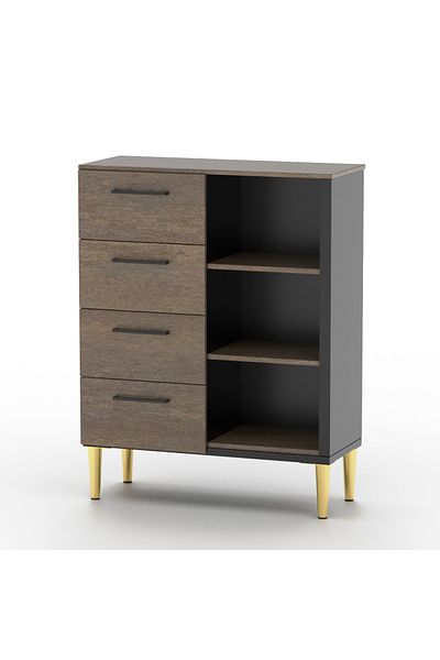 Mahmayi Wooden Chest Drawer with 4 Drawers and 3 Open Shelf Cabinet-Ferro Bronze Board and Black