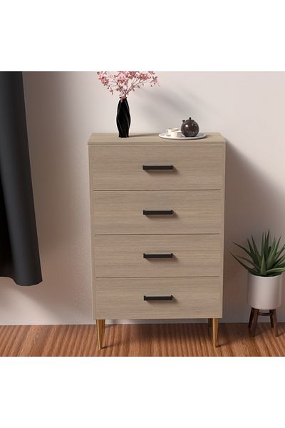 Mahmayi Wooden Chest Drawer with 4 Drawers Cabinet for Living Room-Beige Grey Lorenzo Oak