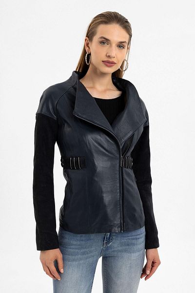 Deriderim Relis Navy Blue Zippered Belt Detailed Short Women's Genuine Leather Coat
