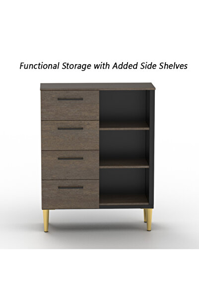 Mahmayi Wooden Chest Drawer with 4 Drawers and 3 Open Shelf Cabinet-Ferro Bronze Board and Black