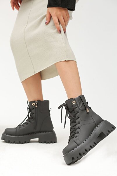 ELİT SHOES Marry Bağcıklı ve Fermuar Detaylı Siyah Renk Kadın Postal