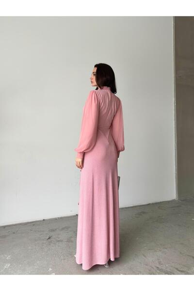 Serica Moda Βραδινό φόρεμα με μακρυμάνικο γκλίτερ με λεπτομέρεια από ροζ πέτρα