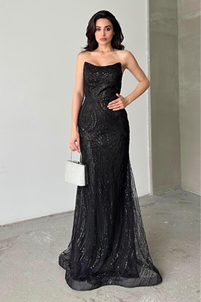 Serica Moda فستان سهرة بدون حمالات مطرز بالترتر باللون الأسود