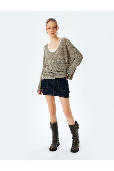 Koton V-Neck Openwork Bell Sleeve Cotton Blended Long Sleeve Knitwear Sweater