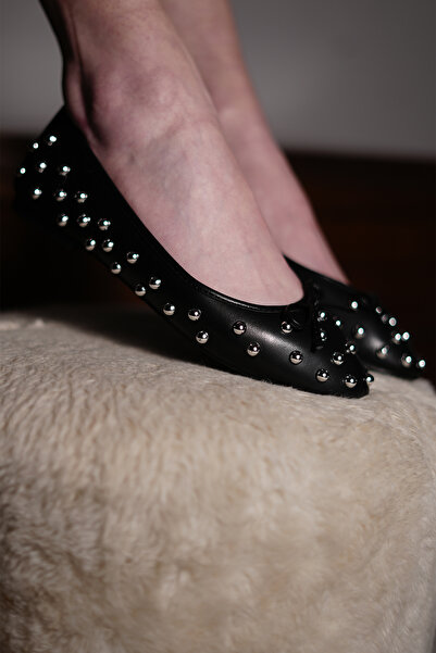 Marjin Black Pointed Toe Stoned Women's Ballerina Serga