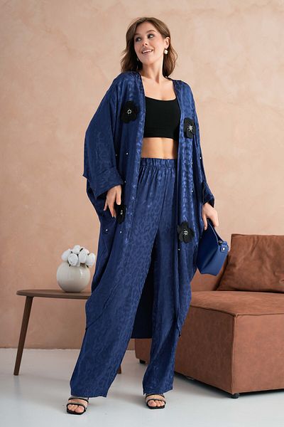 Miss Allos Women's Front Floral and Stone Detailed Jacquard Kimono and Trousers Bottom Top Set