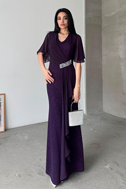 Serica Moda Mürdüm Taş Detaylı Kısa Kollu Simli Abiye Elbise