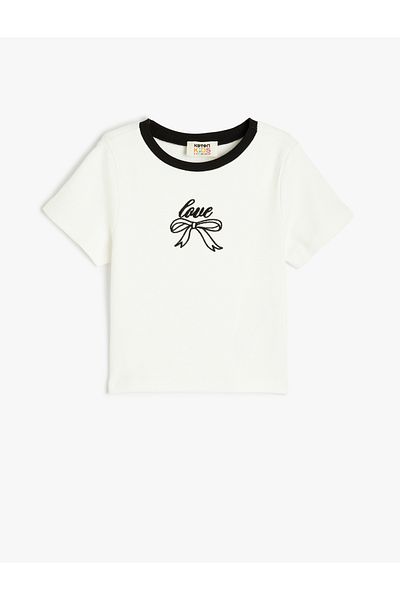 Koton Ribbon Embroidery Detail Crew Neck Short Sleeve Cotton T-Shirt