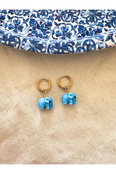 Atelier Çağla Blue Ceramic Elephant Steel Hoop Earrings