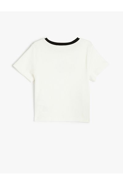 Koton Ribbon Embroidery Detail Crew Neck Short Sleeve Cotton T-Shirt
