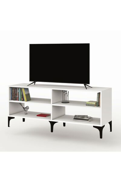 Mahmayi حامل تلفزيون عصري مع 4 أرفف مفتوحة، وشاشة وحامل تلفزيون للمنزل والمكتب - أبيض