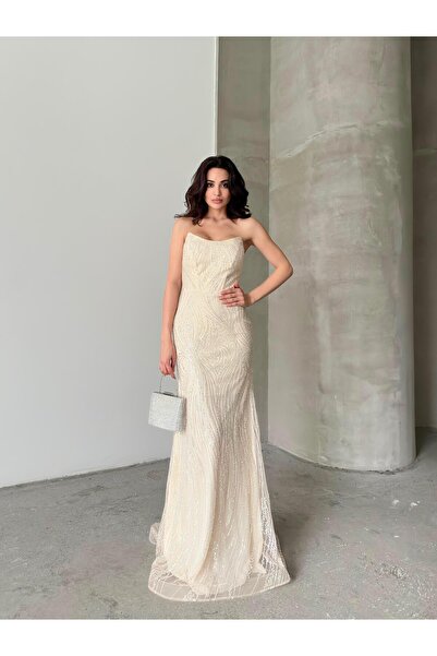 Serica Moda Ecru Sequin Embroidered Strapless Evening Dress