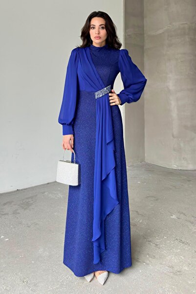 Serica Moda Βραδινό φόρεμα Saks Blue Stone με λεπτομέρεια μακρυμάνικο γκλίτερ