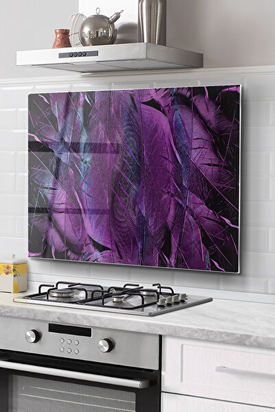 FatiFat Premium Mutfak Cam Ocak Arkası Koruyucu | Mor Tüy Desen
