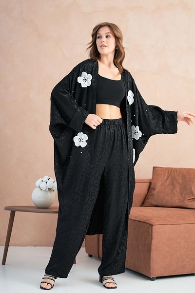 Miss Allos Set kimono și pantaloni jacquard cu flori în față și piatră pentru femei