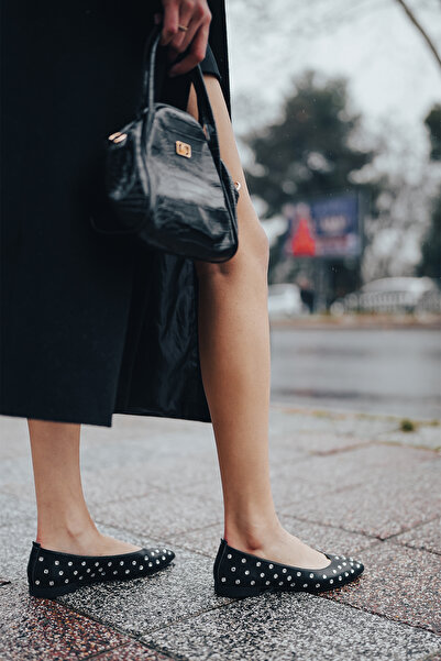 Marjin Black Pointed Toe Stoned Women's Ballerina Serga