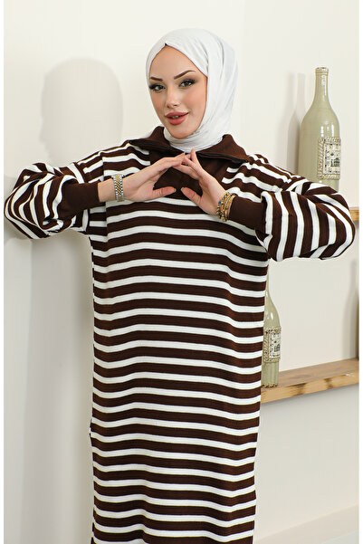 sefamerve Yaka Fermuarlı Çizgili Triko Elbise 11027-05 Kahverengi