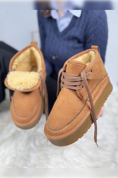 İmerShoes Γυναικείες μπότες casual μαύρισμα - Χοντρή ψηλή σόλα, κορδόνια και γούνινη επένδυση, οβάλ δάχτυλα άνετα U15