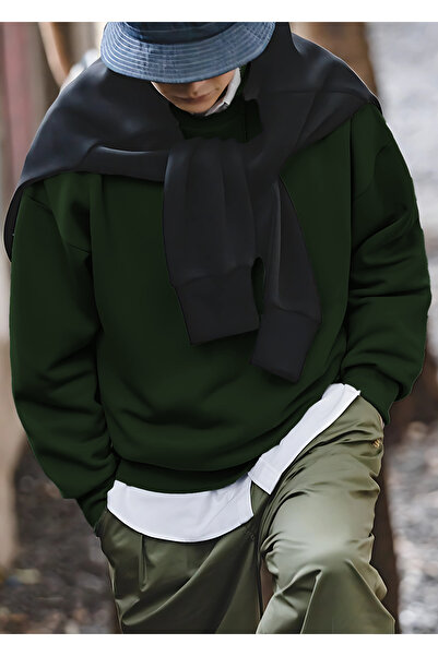 YAKAMEL Pulover oversize din bumbac, cu guler rotund, pentru bărbați