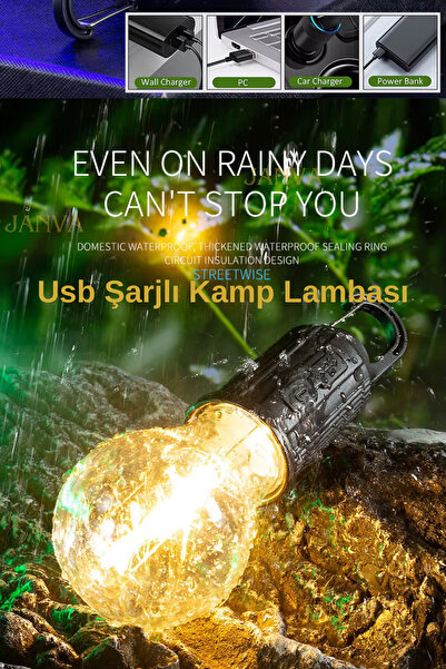 Janva 3 Adet Taşınabilir Usb Şarjlı Led Ampül Outdoor Kamp Bahçe Lambası Askı...