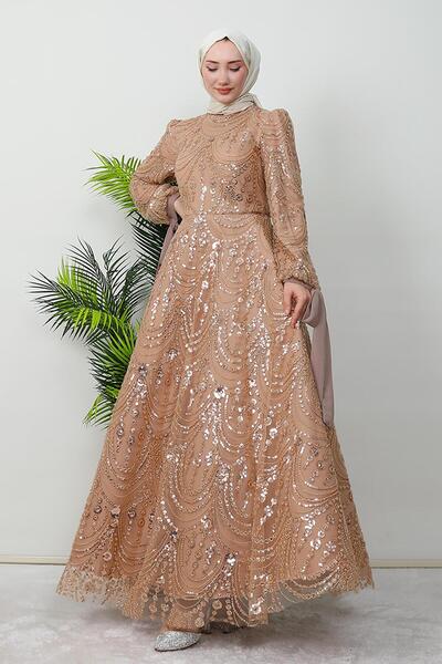 GİZ AGİYİM Βραδινό φόρεμα Aymira Tesettür, καφέ γαλακτοκομικό