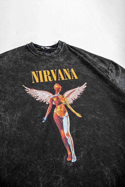 Sekizbiraltı Nirvana Angel Baskılı Oversize Unisex Yıkamalı Füme Tshirt