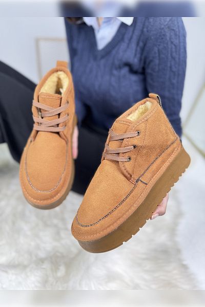 İmerShoes Γυναικείες μπότες casual μαύρισμα - Χοντρή ψηλή σόλα, κορδόνια και γούνινη επένδυση, οβάλ δάχτυλα άνετα U15