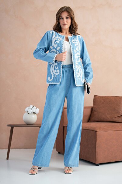 Miss Allos Set de blugi și pantaloni de blugi pentru femei, cu broderie albă ...