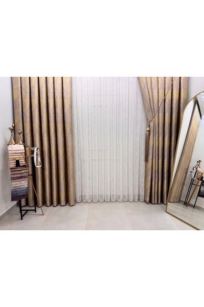 NİVEMESHOME Nivemeshome Gold Bearded Tulle 1/3 Close Pleat Tulle Curtain Apm