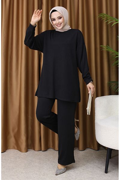 sefamerve Black Ribbed Tunic and Trousers Set - 5570-03