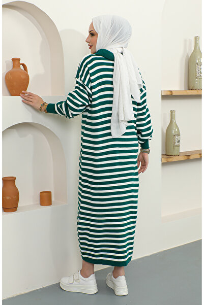 sefamerve Yaka Fermuarlı Çizgili Triko Elbise 11027-02 Zümrüt Yeşili