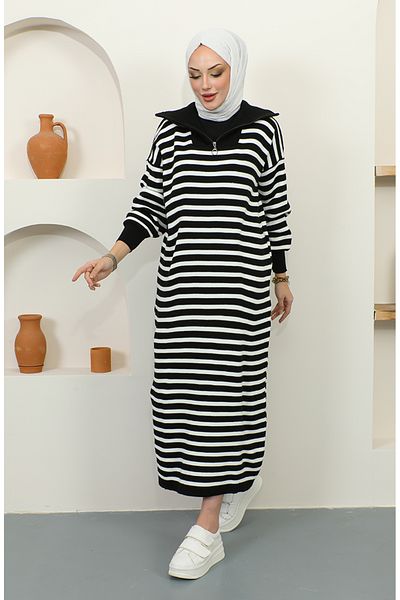 sefamerve Schwarz gestreiftes Strickkleid mit Reißverschluss – 11027-04